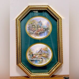 VTG 1984 Syroco Thomas Kinkade Green Matted Prints w/ Gold-Tone Octagonal Frame